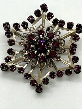 Vintage Gold-tone Burgundy Rhinestone Starburst Brooch Pin Snowflake Retro
